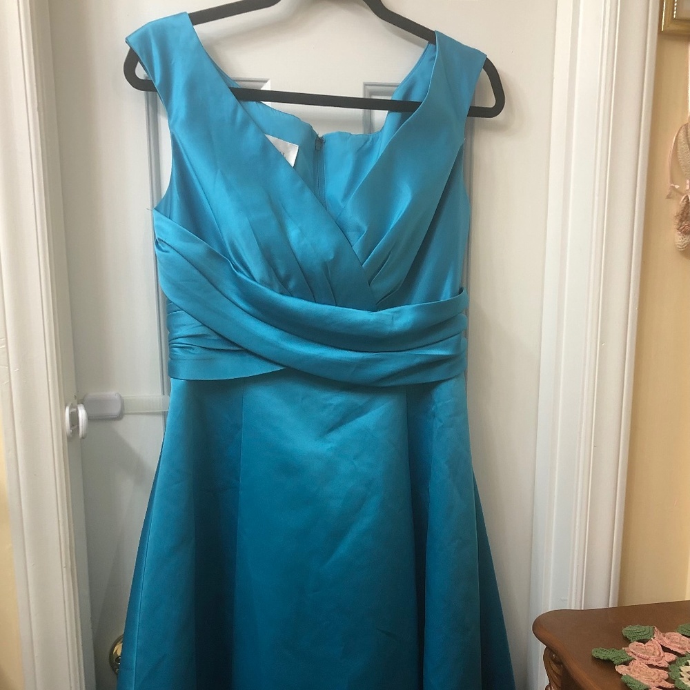 David’s Bridal. short satin off-the-shoulder a-line with ruching. #83168